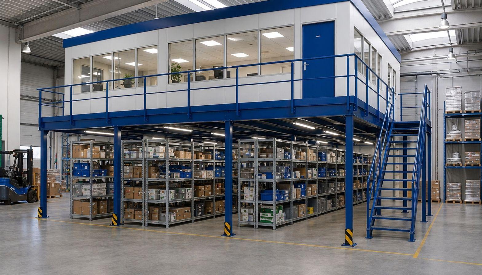 Lagerbühne mit Hallenbüro und Fachbodenregalen - Bonnema Lagertechnik